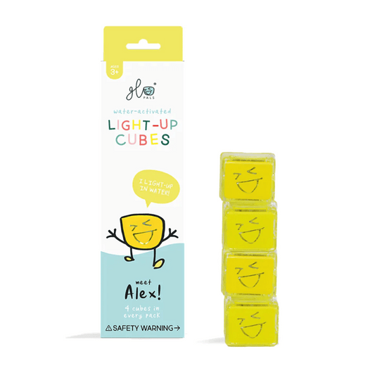 Glo Pals Glo Pals Light-Up Cube packaging. Alex Yellow coloured light-up cubes that are water activated. 