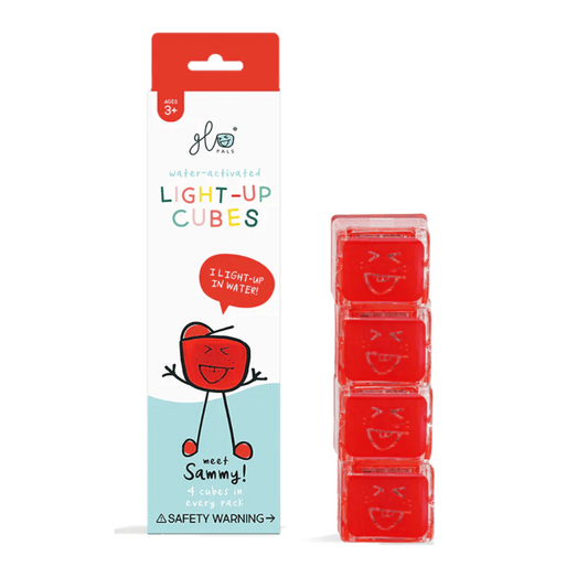 Glo Pals Light-up cubes Sammy (red) coloured water activated sensory glo cubes in package.
