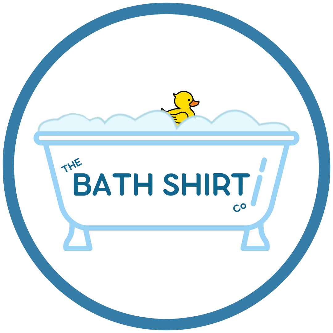 The Bath Shirt Co Business logo. Bubble filled baby bath with yellow toy duck